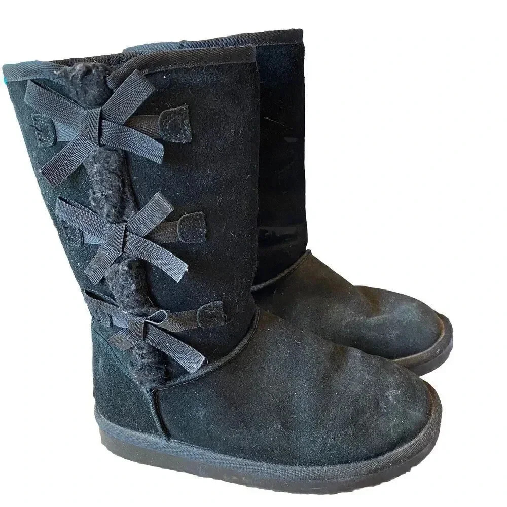 KOOLABURRA By UGGS VICTORIA High Black SHEARLING BOOTS Bow Detail Girl-Women’s 3